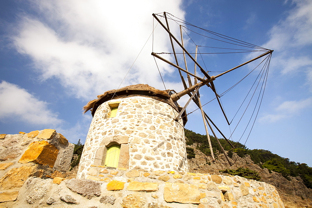 Old traditional Greek cloth-sailed windmills in Kontias on Lemnos, Greek Islands, Greece, Europe