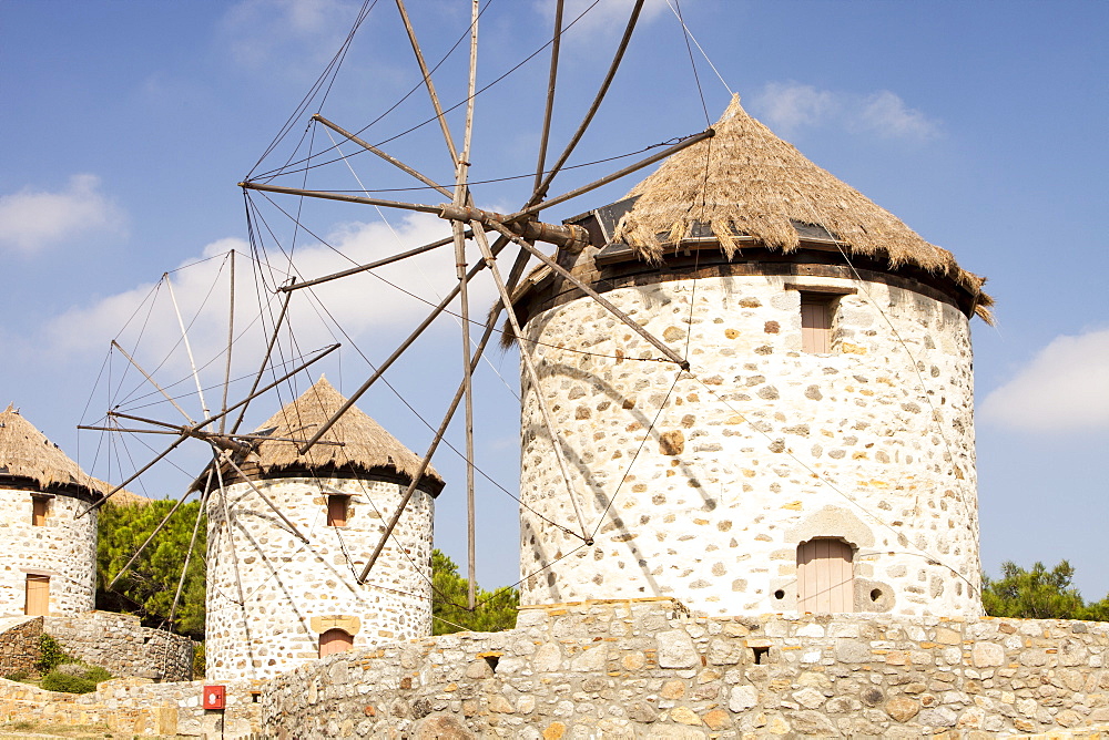 Old traditional Greek cloth-sailed windmills in Kontias on Lemnos, Greek Islands, Greece, Europe