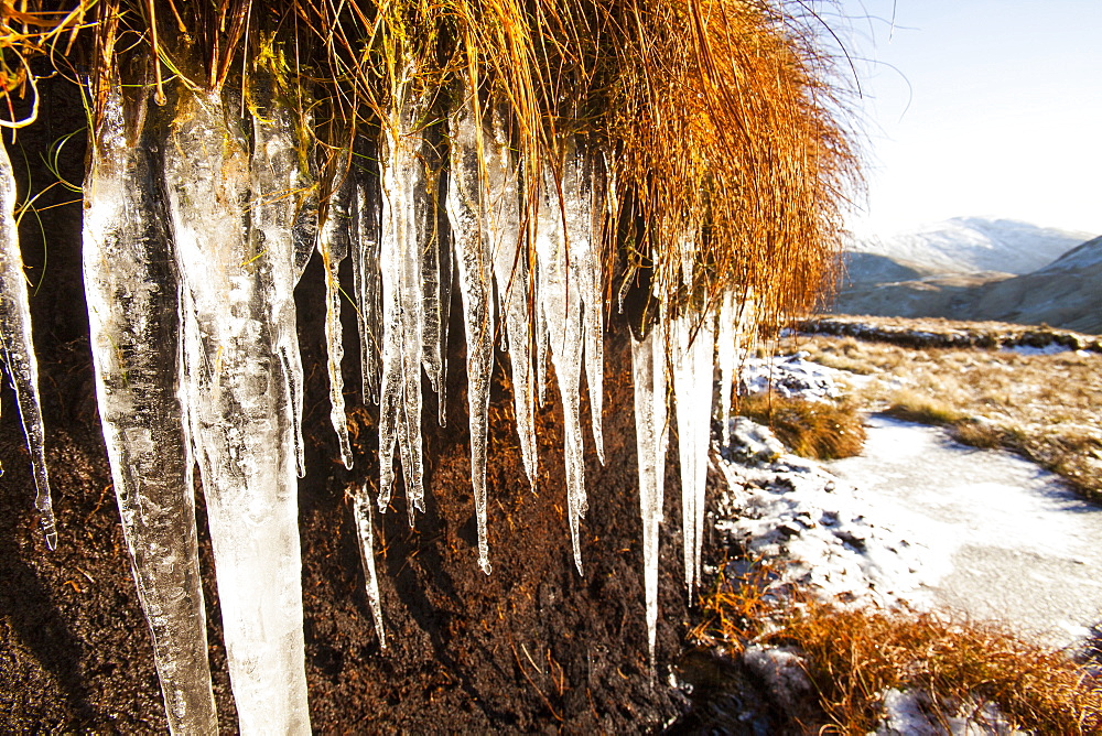 Icicles below Dollywagon Pike in the Lake District National Park, Cumbria, England, United Kingdom, Europe