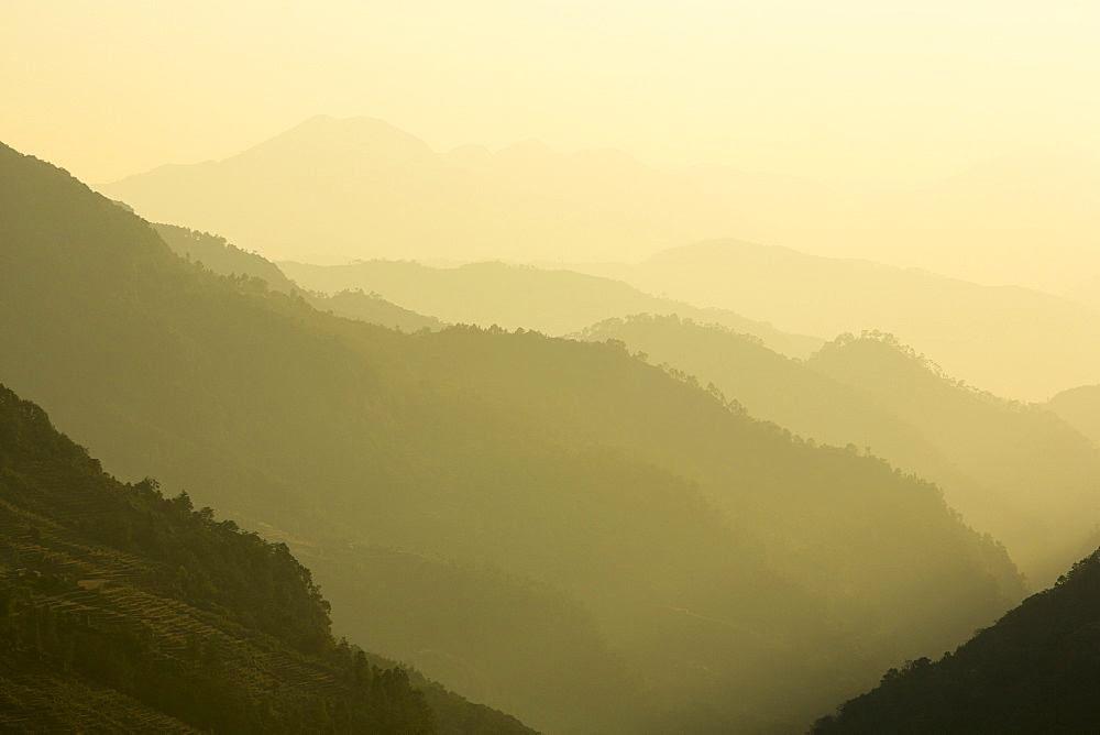 Misty light over the Modi Khola valley below the Annapurna Sanctuary, Himalayas, Nepal, Asia