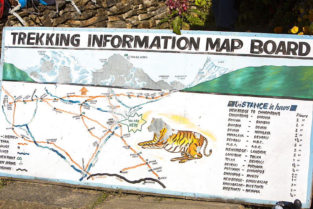 A map at a tea house lodge on the Annapurna Base Camp trek, Himalayas, Nepal, Asia