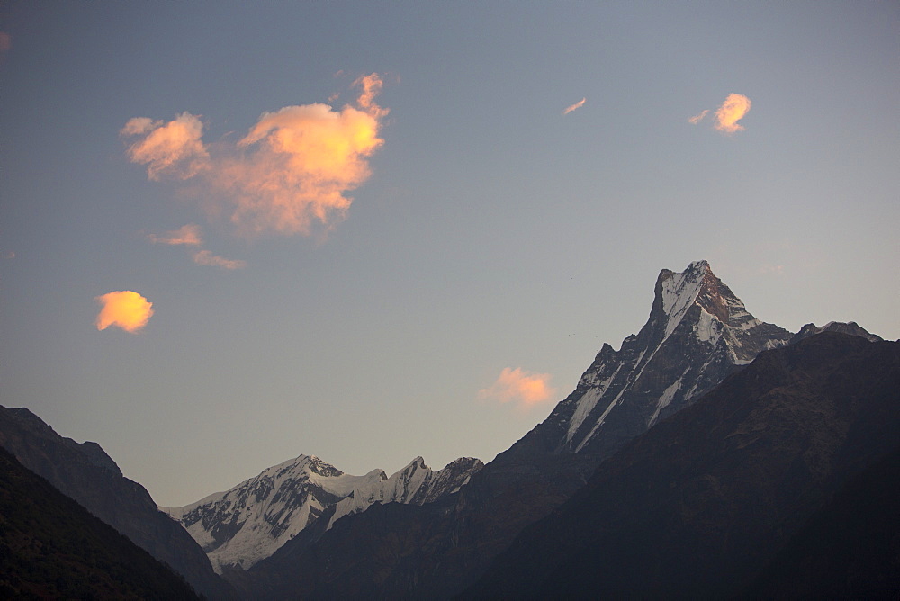 Sunset over Machapuchare in the Annapurna Sanctuary, Nepalese Himalayas, Nepal, Asia