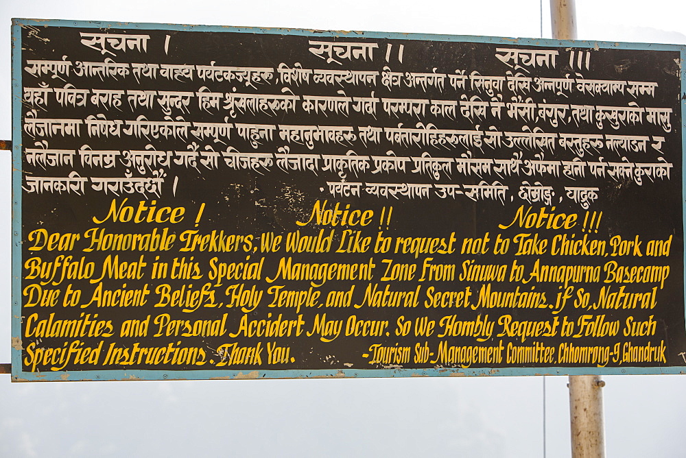 A sign banning meat products from the Annapurna Sanctuary, Nepal, Asia