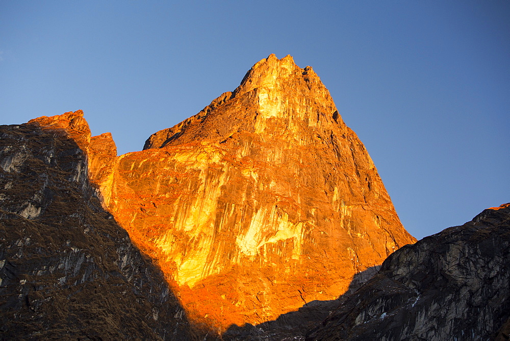 Alpenglow at sunset on Machapuchare, Annapurna Sanctuary, Nepalese Himalayas, Nepal, Asia