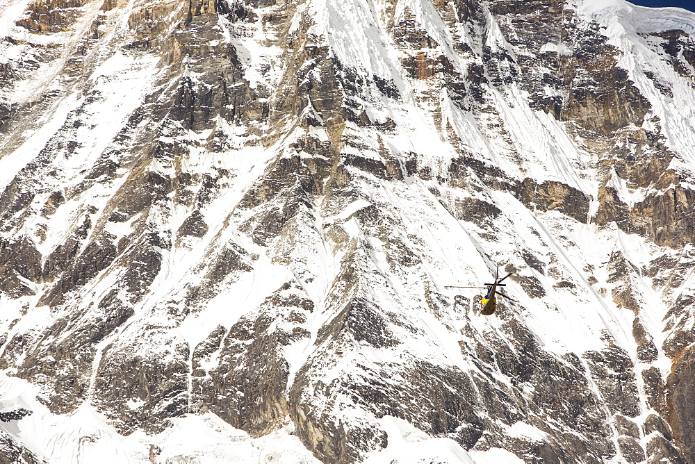 Annapurna South summit with a helicopter, Annapurna Sanctuary, Himalayas, Nepal, Asia