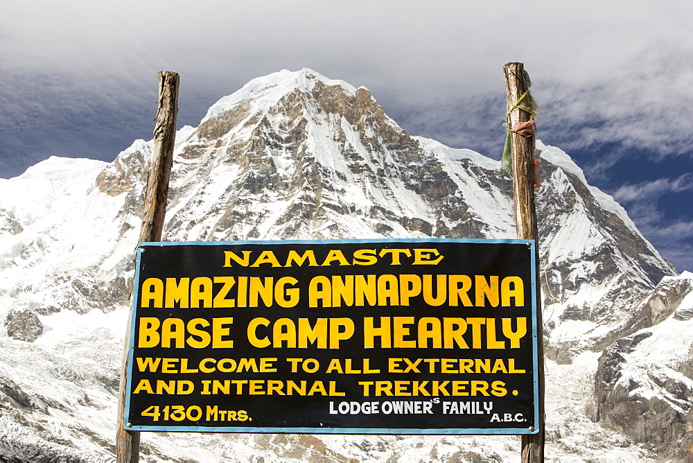 Annapurna Base Camp at 4130 metres in front of Annapurna South summit, Annapurna Sanctuary, Himalayas, Nepal, Asia