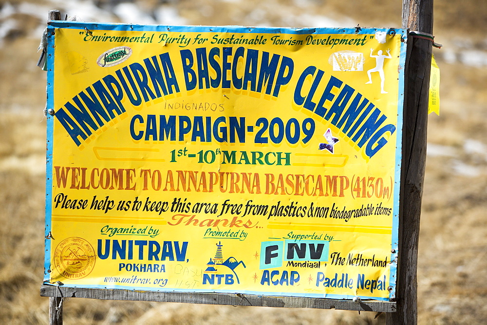 Sign about a cleanup campaign at Annapurna Base Camp at 4130 metres, Annapurna Sanctuary, Himalayas, Nepal, Asia