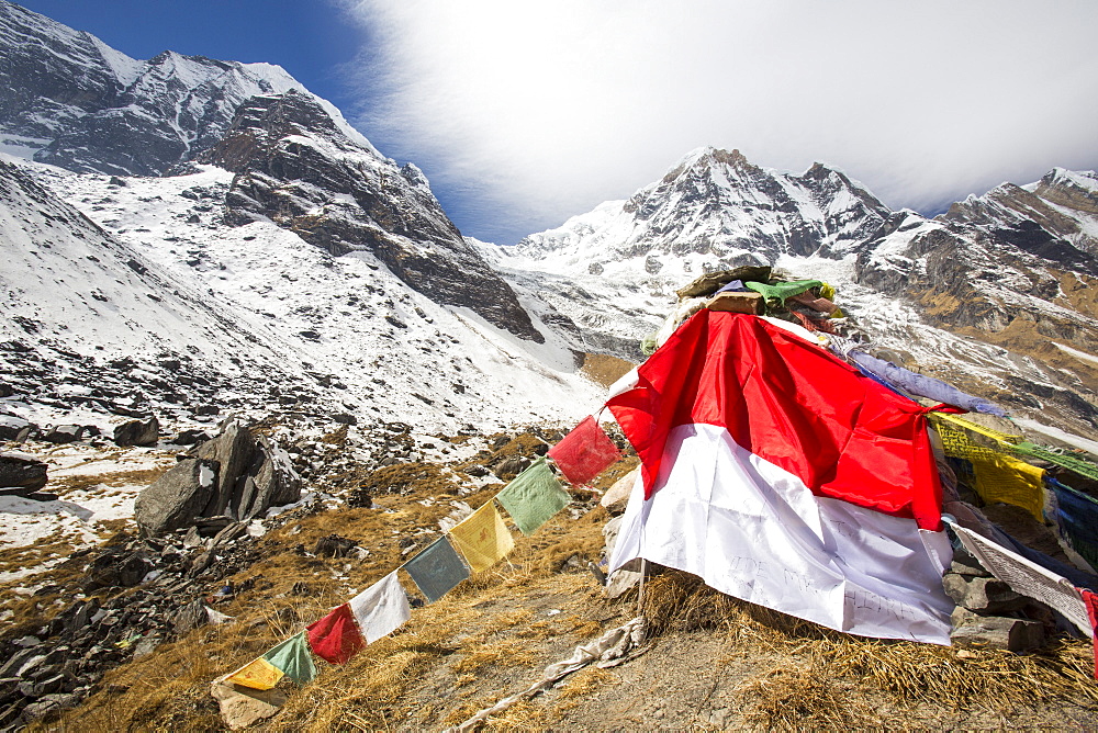 Prayer flags at Annapurna Base Camp at 4130 metres in front of Annapurna South summit, Annapurna Sanctuary, Himalayas, Nepal, Asia