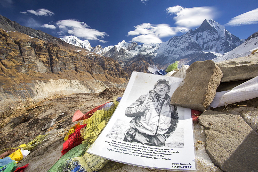 A memorial to Mario Merelli, an Italian climber killed on Annapurna, at Annapurna Base Camp at 4130 metres, Annapurna Sanctuary, Himalayas, Nepal, Asia