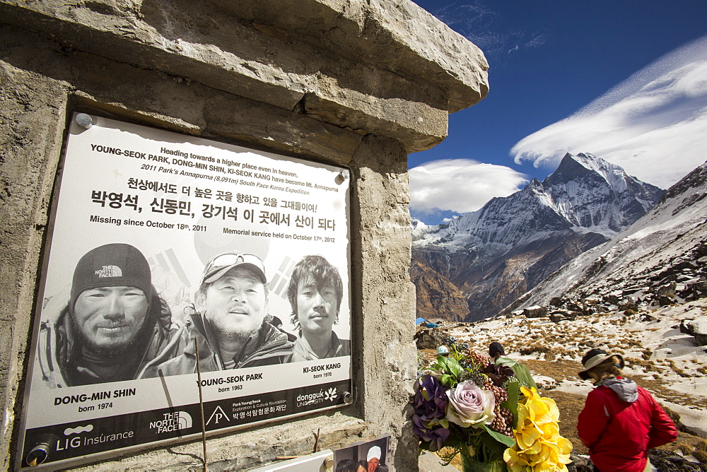 A memorial to three South Korean climbers at Annapurna Base Camp at 4130 metres, Annapurna Sanctuary, Himalayas, Nepal, Asia