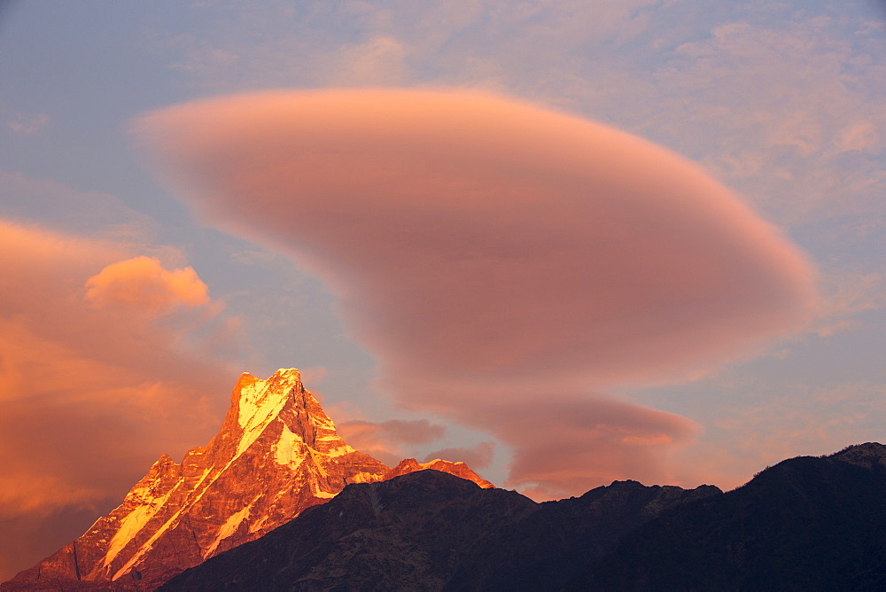 Alpenglow at sunset on Machapuchare, Annapurna Sanctuary, Nepalese Himalayas, Nepal, Asia