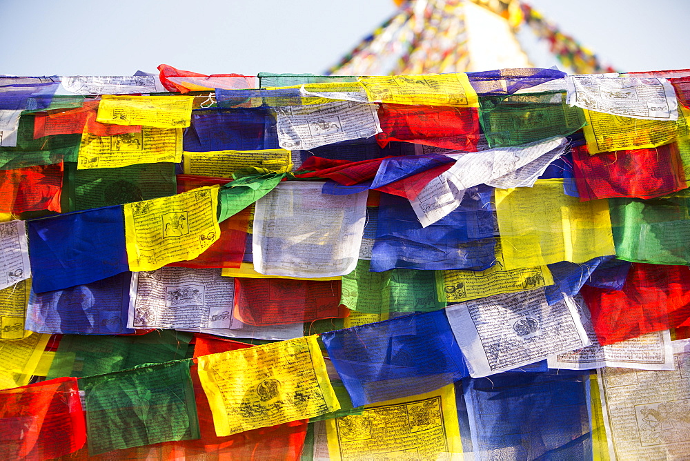 Prayer flags at the Boudhanath Stupa, one of the holiest Buddhist sites in Kathmandu, Nepal, Asia