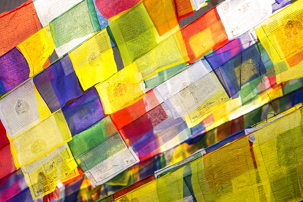 Prayer flags at the Boudhanath Stupa, one of the holiest Buddhist sites in Kathmandu, Nepal, Asia