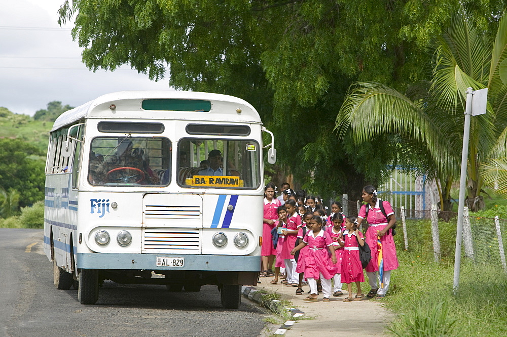 Indian school children catching the school bus on Fiji, Pacific