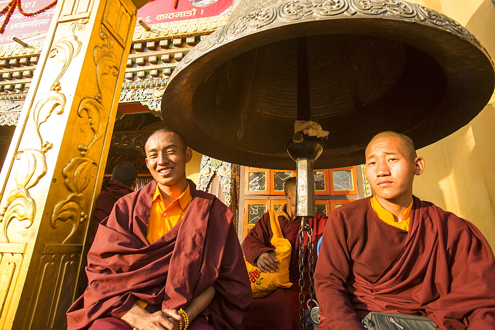 A large bell at the  Boudhanath Stupa, one of the holiest Buddhist sites in Kathmandu, Nepal, Asia