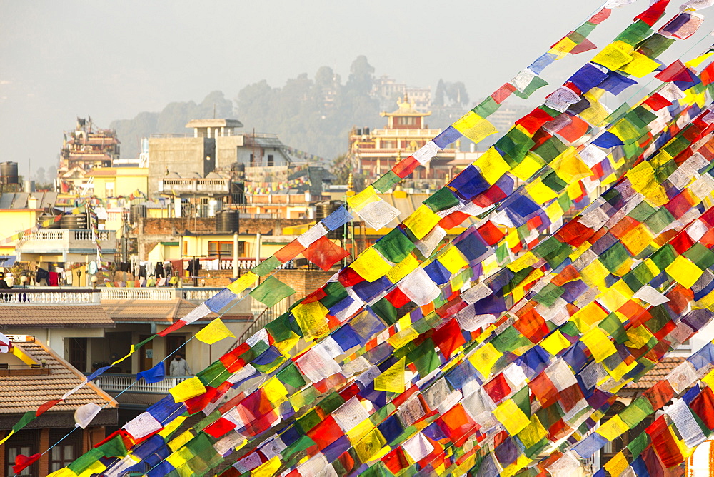 Prayer flags at the Boudhanath Stupa, one of the holiest Buddhist sites in Kathmandu, Nepal, Asia