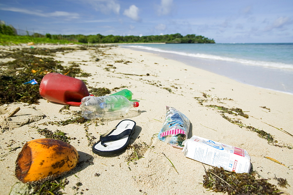 Plastic rubbish washed up on Nantandola Beach on Fiji, Pacific