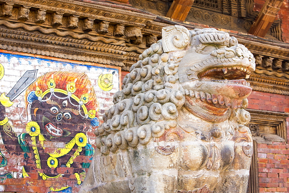 A lion statue in Kathmandu's Durbar Square, UNESCO World Heritage Site, Kathmandu, Nepal, Asia