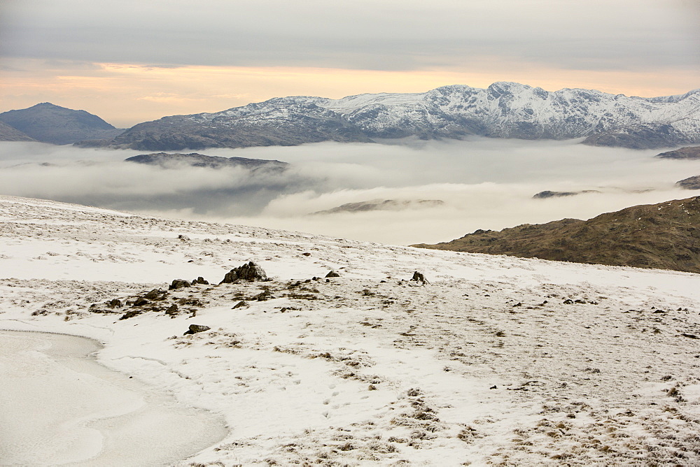 Red Screes above Ambleside with mist from a temperature inversion, Lake District National Park, Cumbria, England, United Kingdom, Europe