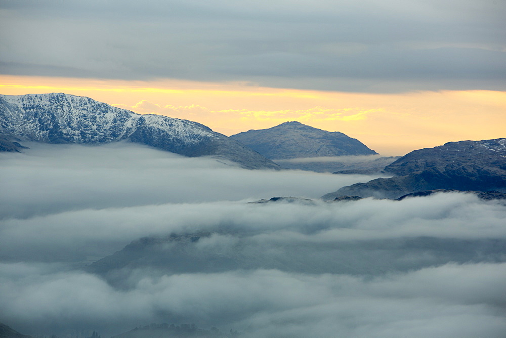 Red Screes above Ambleside with mist from a temperature inversion, looking towards Harter Fell, Lake District National Park, Cumbria, England, United Kingdom, Europe