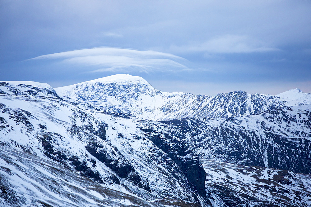 Red Screes above Ambleside, looking towards Helvellyn with lenticular clouds over the summit, Lake District National Park, Cumbria, England, United Kingdom, Europe