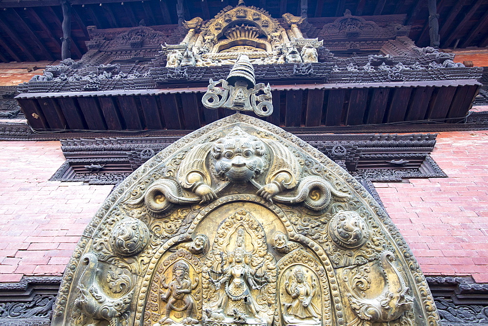 Detail on a building in Patan's Durbar Square, UNESCO World Heritage Site, Kathmandu, Nepal, Asia