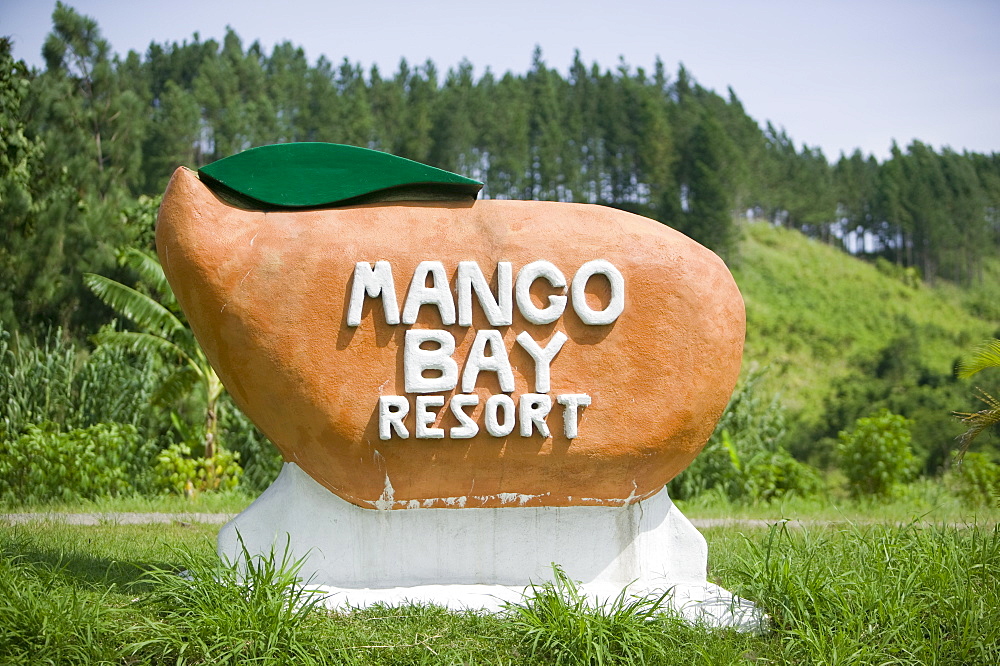 A sign for the Mango Bay resort on Fiji, Pacific