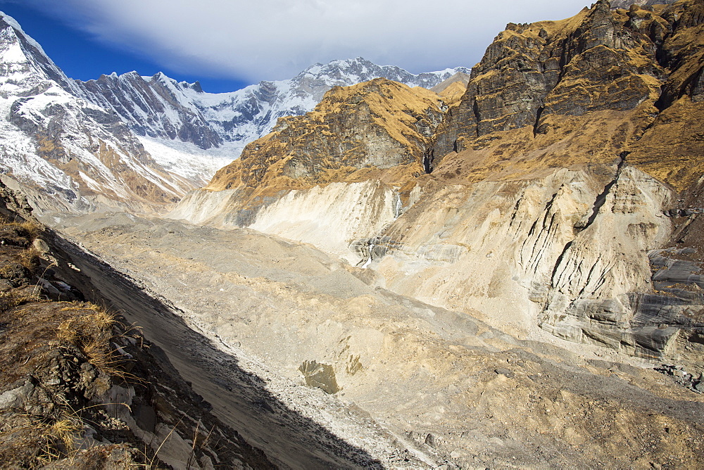 The rapidly retreating South Annapurna glacier in the Annapurna Sanctuary, Nepalese Himalayas, Nepal, Asia