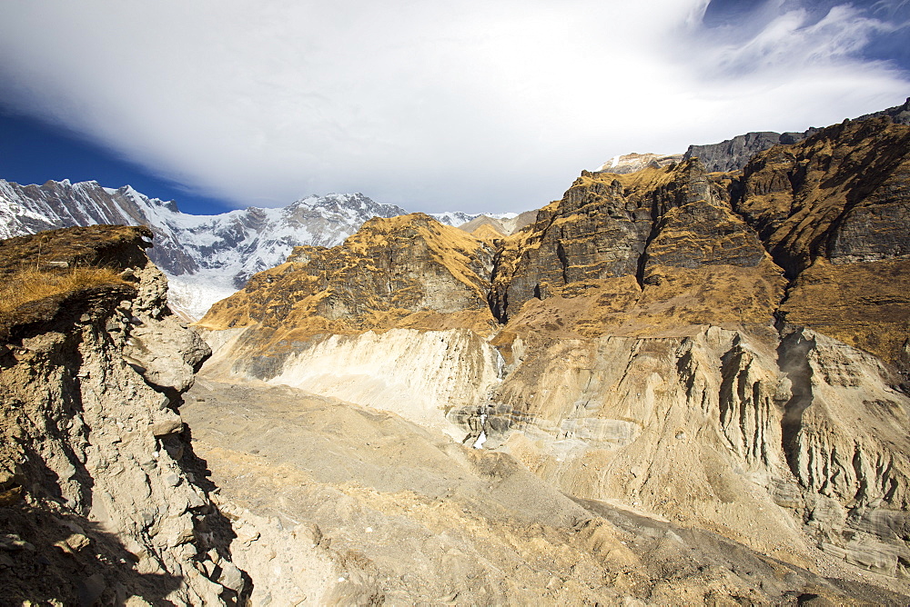 The rapidly retreating South Annapurna glacier in the Annapurna Sanctuary, Nepalese Himalayas, Nepal, Asia