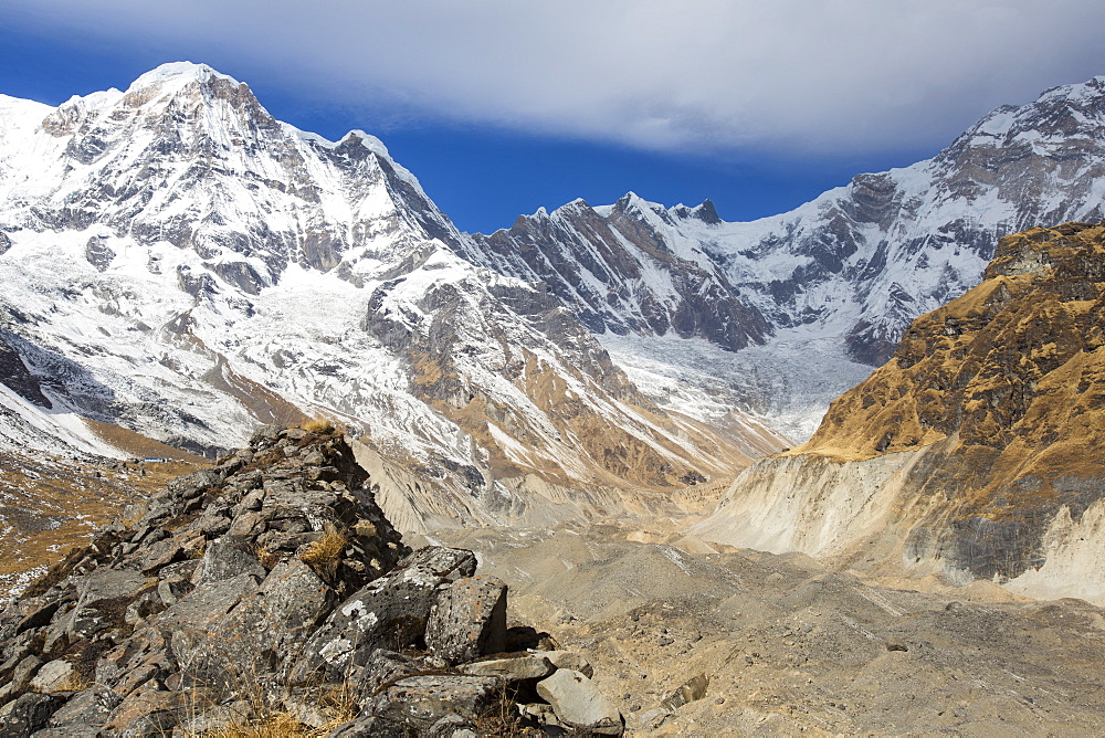 The rapidly retreating South Annapurna glacier in the Annapurna Sanctuary, Nepalese Himalayas, Nepal, Asia