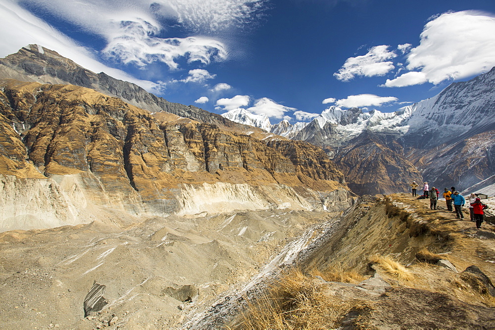 The rapidly retreating South Annapurna glacier in the Annapurna Sanctuary, Nepalese Himalayas, Nepal, Asia