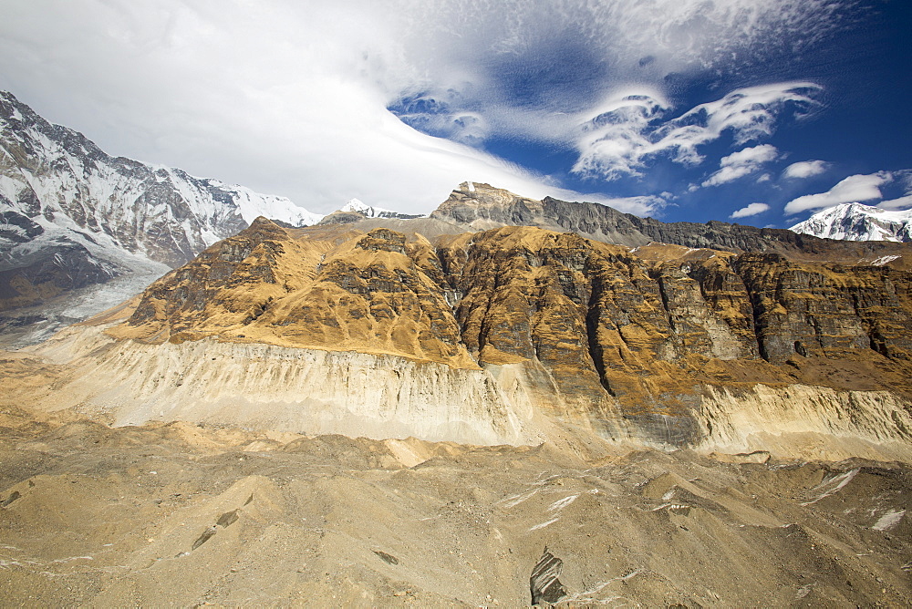 The rapidly retreating South Annapurna glacier in the Annapurna Sanctuary, Nepalese Himalayas, Nepal, Asia