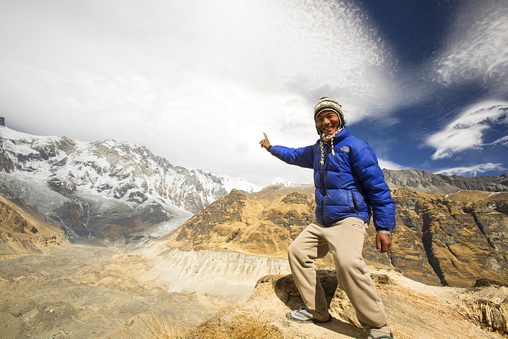 The rapidly retreating South Annapurna glacier in the Annapurna Sanctuary, Nepalese Himalayas, Nepal, Asia