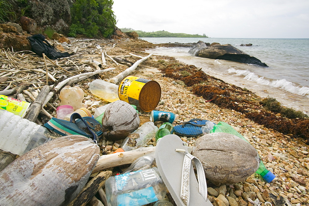 Rubbish washed up on Malolo island off Fiji, Pacific