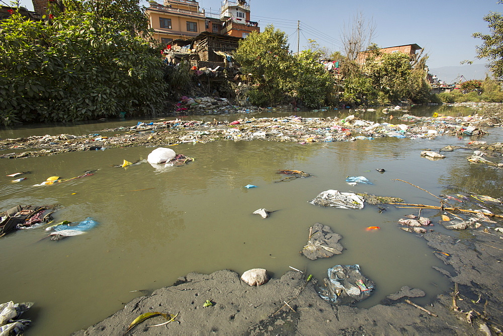 Litter in the Bishnumati River running through Kathmandu in Nepal, Asia