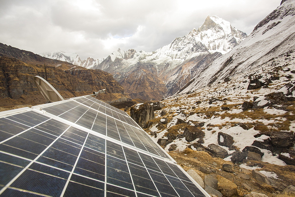 Solar photo voltaic panels powering a Guest house at Annapurna Base Camp in the Himalayas, Nepal, Asia