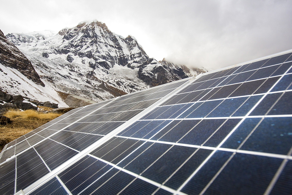 Solar photo voltaic panels powering a Guest house at Annapurna Base Camp in the Himalayas, Nepal, Asia