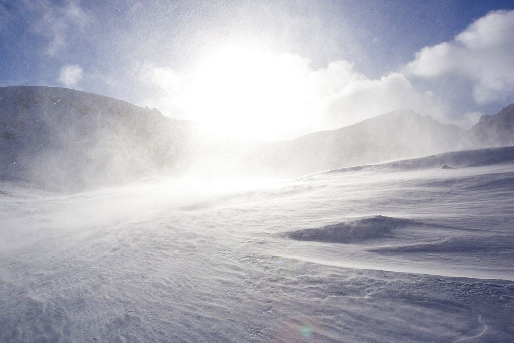 Drifting snow in Coire an Sneachda in the Cairngorm mountains, Scotland, United Kingdom, Europe