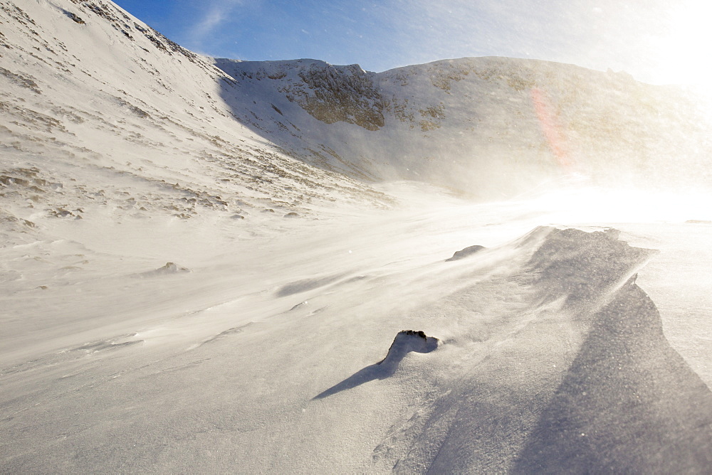 Drifting snow in Coire an Sneachda in the Cairngorm mountains, Scotland, United Kingdom, Europe