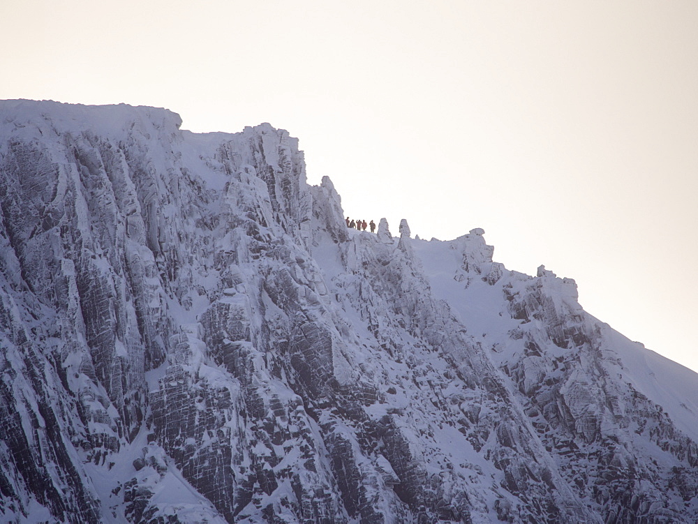 Climbers on Cairn Lochain on the Cairngorm plateau from Coire an Sneachda, Scotland, United Kingdom, Europe