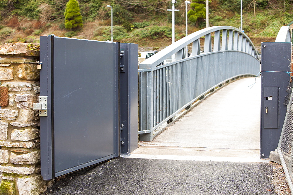 A flood gate, part of the new flood defences in Cockermouth, Cumbria, England, United Kingdom, Europe