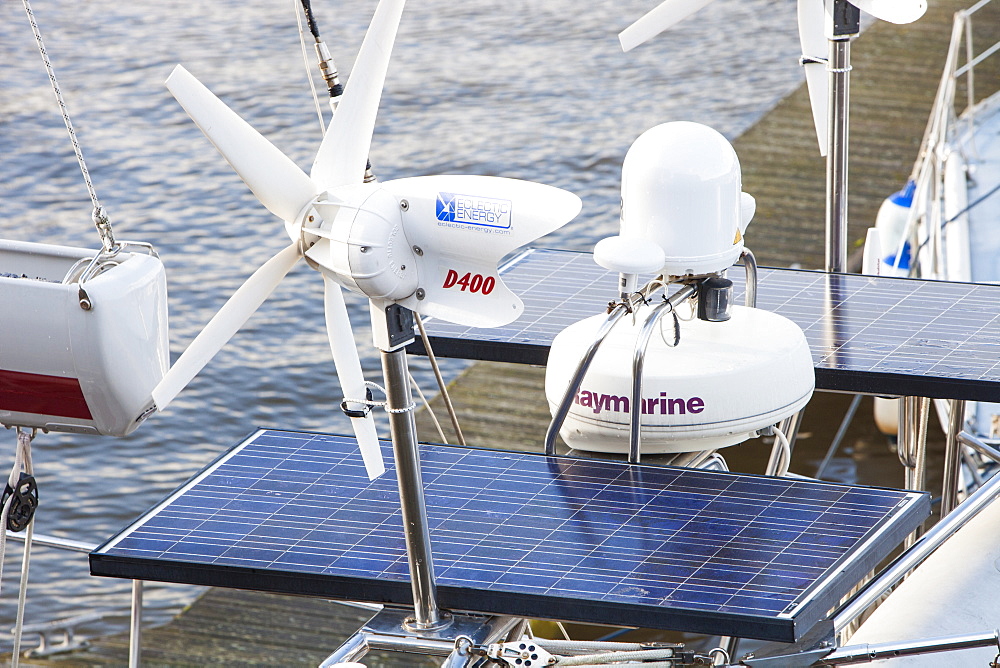 Solar panels and wind turbines to provide power on a yacht, United Kingdom, Europe