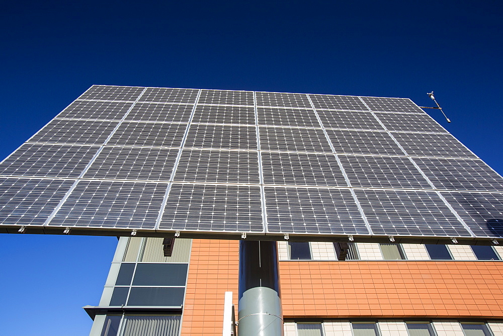 Tracking solar voltaic panels outside the University of Central Lancashire, Preston, Lancashire, England, United Kingdom, Europe