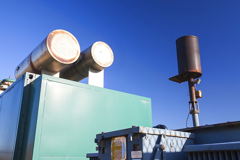 Methane biogas generator producing green electricity, from biogas extracted from an old landfill site on Walney Island, Cumbria, England, United Kingdom, Europe