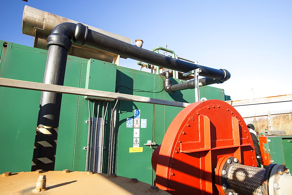 Methane biogas generator producing green electricity, from biogas extracted from an old landfill site on Walney Island, Cumbria, England, United Kingdom, Europe