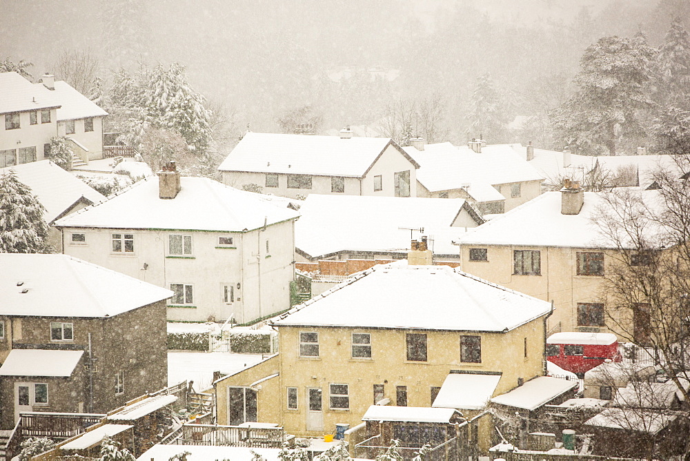 Houses in Ambleside under heavy snowfall, Lake District, Cumbria, England, United Kingdom, Europe