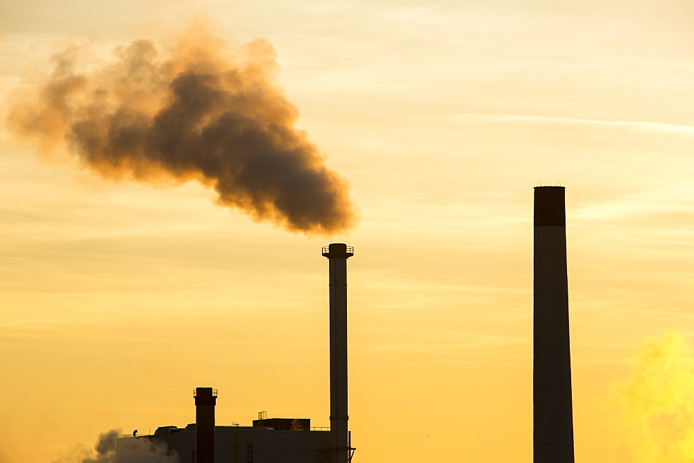 Sunset over the Iggesund paper board manufacturer in Workington, Cumbria, England, United Kingdom, Europe