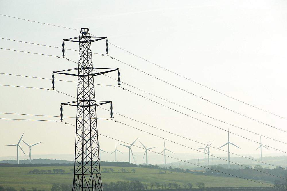 Wind turbines and electricity pylon near Cockermouth, Cumbria, England, United Kingdom, Europe