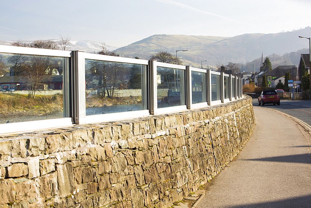 Flood defences in Keswick, Lake District, Cumbria, England, United Kingdom, Europe