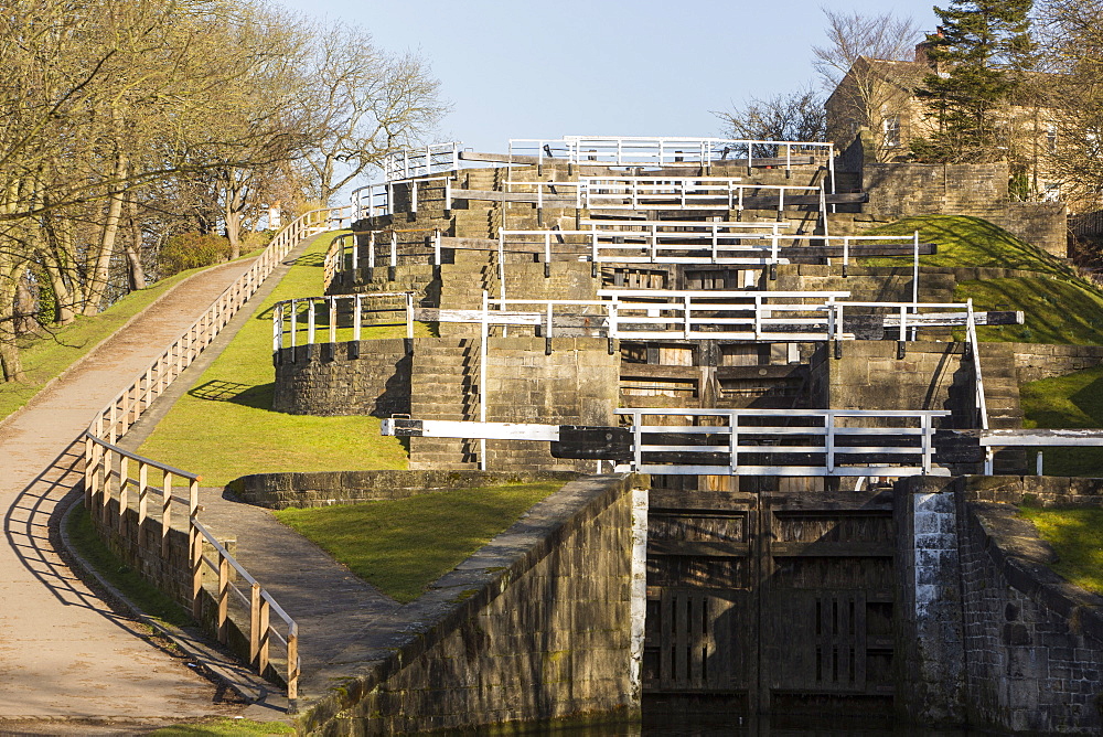 The Five Rise Locks on the Leeds Liverpool Canal in Bingley, Yorkshire, England, United Kingdom, Europe